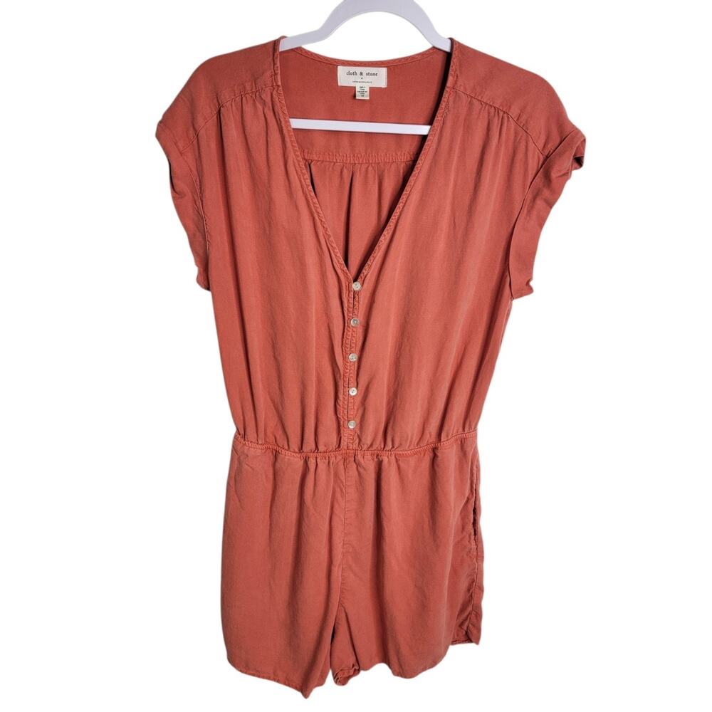 Anthropologie Cloth & Stone Medium Utility Romper Coral Pink Tencel Buttons